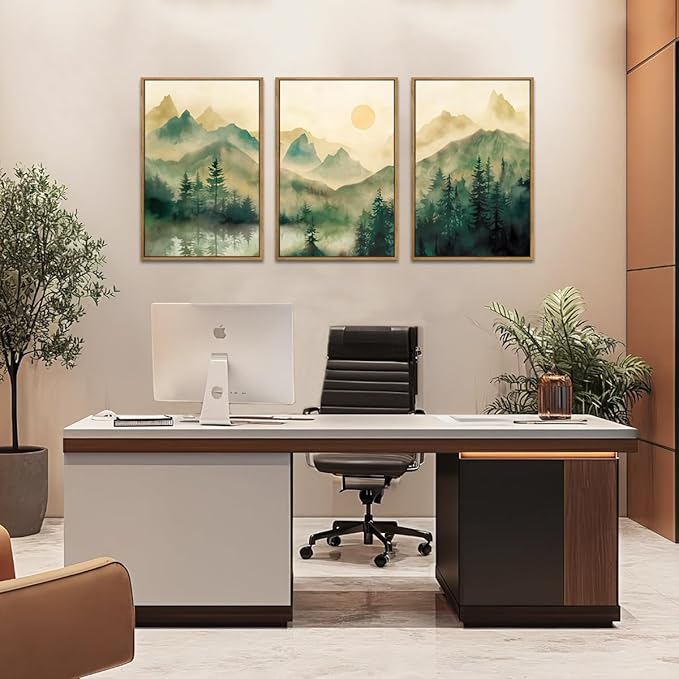 IARTTOP Large Mountain Framed Canvas Wall Art 16x24 Inch Green Foggy Forest Landscape Art Prints Set of 3 Nature woodland Landscape Wall Decor for Living Room Bedroom Office