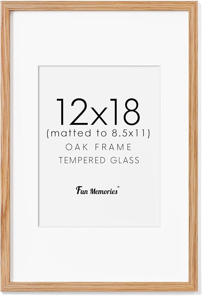 Fun Memories Solid Oak Wood Picture Frame 12"x18" for Wall - Tempered Real Glass, Matted to 8.5x11, Poster Frame (Natural Oak Color, 1 Pack)