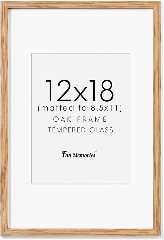 Fun Memories Solid Oak Wood Picture Frame 12"x18" for Wall - Tempered Real Glass, Matted to 8.5x11, Poster Frame (Natural Oak Color, 1 Pack)