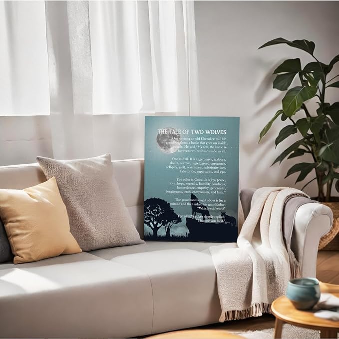 Wolf Wall Art, Wolf Poster, The Tale of Two Wolves, Canvas Wall Art Inspirational Quote Decor, Native American Art 14x17 inch