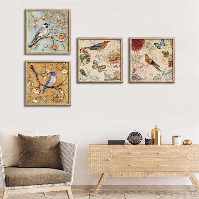Framed Flowers Birds Canvas Wall Art for Bedroom Floral Wall Decor Butterfly Picture Artwork Vintage Prints Paintings for Bathroom Kitchen Decorations 12"x12"