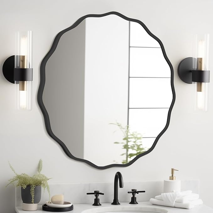 WallBeyond Round Wavy Mirror for Wall Decorative 28 inch, Modern Round Mirror Aluminum Frame for Bathroom Bedroom Living Room Home House Office Entryway, Black