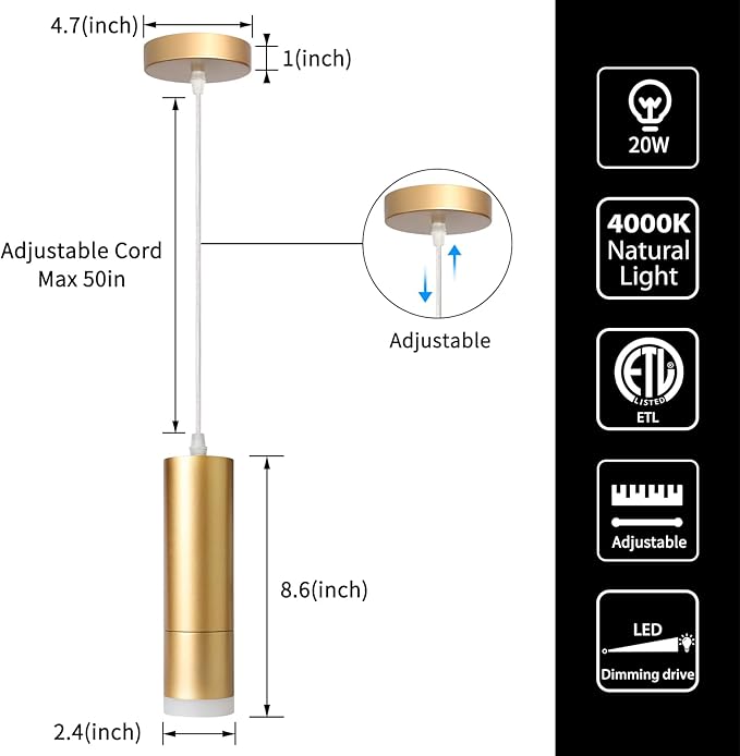 OKELI Modern Pendant Lights,Gold LED Mini Kitchen Island Lights Adjustable Focus Pendant Lighting for Kitchen Island Bedroom Dining Room Bar Shop,20W,4000K,ETL5026458(3 Pack)