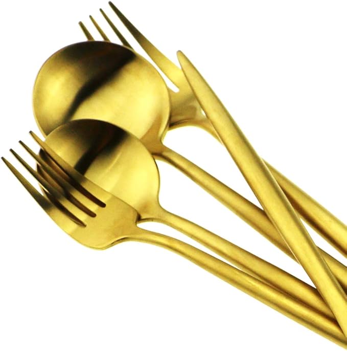 Gugrida Gold Flatware, Royal 20 Piece Luxury Matte Finish 18/10 Stainless Steel Tableware Sets for 4 Including Forks Spoons Knives, Camping Silverware Travel Utensils Set Cutlery (Gold)