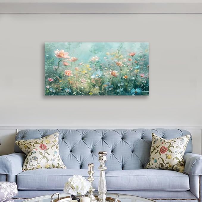 Tucai Decor Floral Canvas Wall Art Colorful Wildflowers Field Painting 30W x 58L inches Pink Blue and Yellow -Flowered Plants Art Prints Wall Decor for Living Room Bedroom Office Ready to Hang