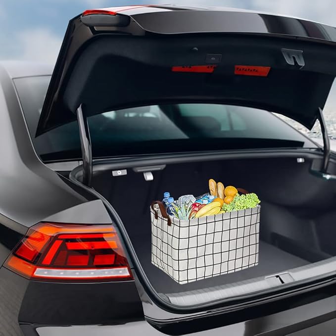 CLOCOR Rectangular Storage Basket, Collapsible Cute Pattern Storage Bin, Waterproof Coating Storage Box with Handles for Home Organization, Gift Basket (3 pack White checks)