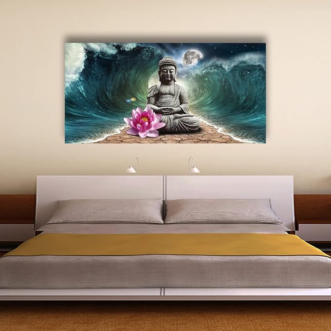 Canvas Wall Art Buddha Pictures Home Decor Grey Zen in The Background of Moon and Waves Poster Prints Painting for Living Room Bedroom Bathroom Kitchen Office Decoration Hindu Artwork 20x40 Inches