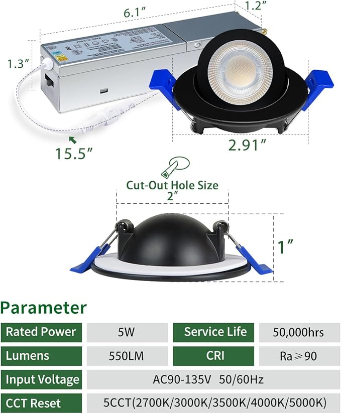 zouzai 5CCT LED Gimbal Led Recessed Light with Junction Box, 360°+90° Adjustable Directional Eyeball Lighting, Dimmable, 2700K/3000K/3500K/4000K/5000K,ETL&Energy Star (Black 1 Pack, 2 inch)