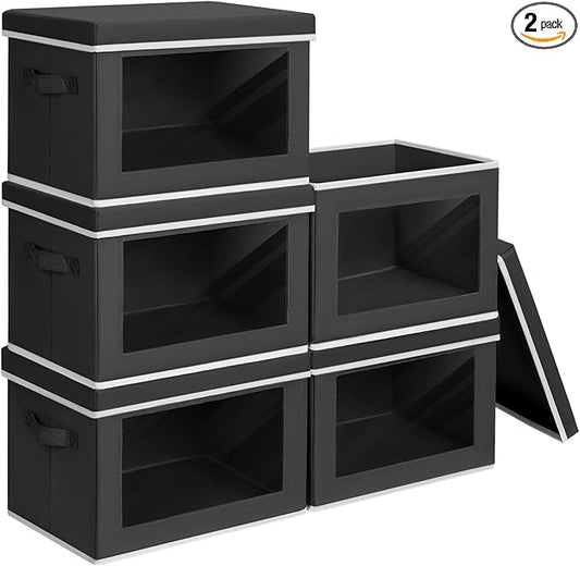 Storage Boxes with Lids - 5 Pack Foldable Clear Window Storage Bins, Large Decorative Storage Bins with Handles, Storage Containers for Clothes, Towel, Blanket, Sheet, Black