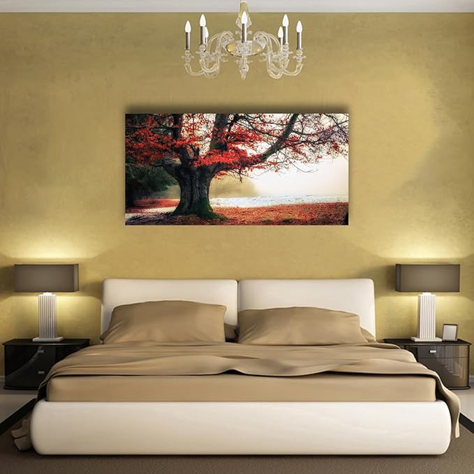 Stunning Nature Landscape Wall Art - 24x48 inches Canvas Artwork of Sunrise Forest Scenery with Red Leaves. Perfect Wall Decoration for Living Room, Bedroom and More
