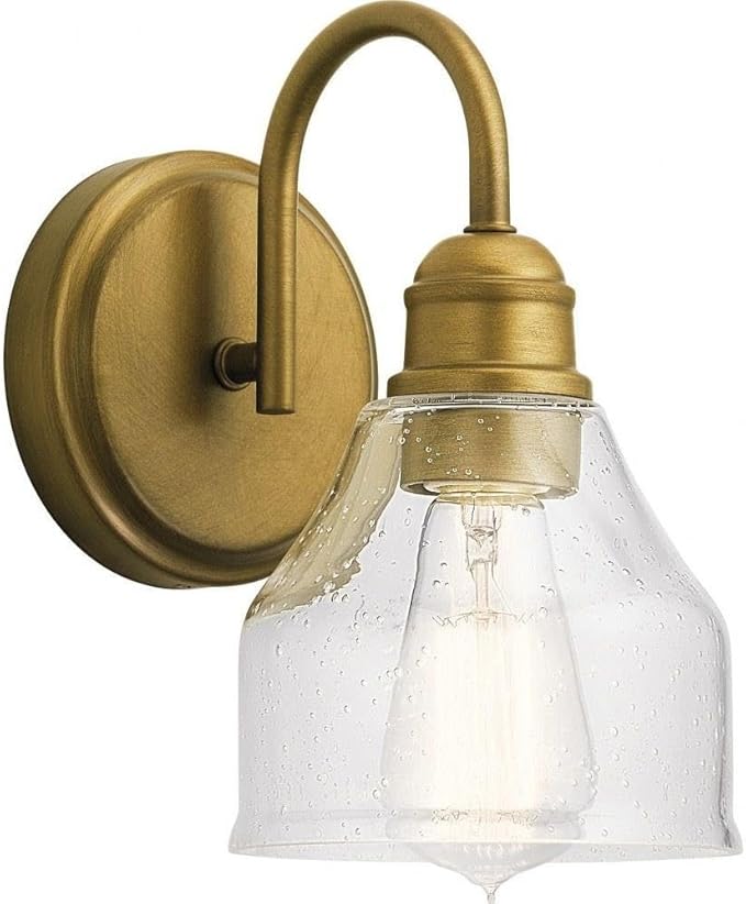 KICHLER Avery 5.5" Wall Sconce Industrial 1 Light Wall Fixture with Clear Seeded Glass in Natural Brass, for Bathroom, Bedroom or Hallway (8.25" x 5.5" x 9.5") 45971NBR