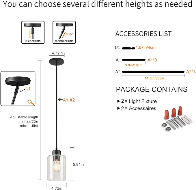 Black Pendant Lights Kitchen Island - Seeded Glass Pendant Light Fixture Multiple Stems Rods 3 Units 12 Inch 3 Units 4 Inch (2 Pack Black Seeded Downrod)