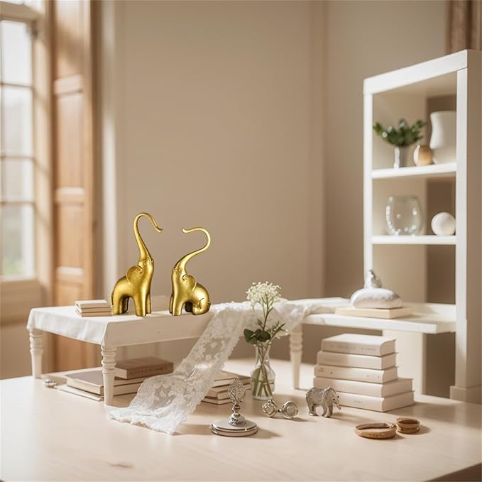 Loving Elephant Statues Home Decor, Small Elephant Figurines in Love for Women, Elephant Sculpture Heart Decorative Objects for Bookshelf Decor (Gold)