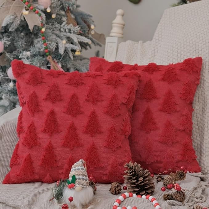 GEEORY Christmas Tree Throw Pillow Covers 18x18 Inch Set of 2, Xmas Winter Soft Plush Faux Fur Wool Decorative Farmhouse Holiday Cushion Case for Home Decoration (Red) GC005-18
