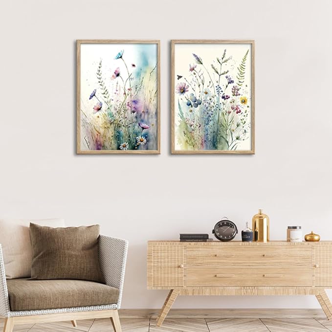 Large Framed Colorful Flowers Bathroom Wall Art Decor, Blue Floral Picture Canvas Print White Daisy Painting Artwork for Bedroom Living Room Office Decoration 16"x24"x2 Panels
