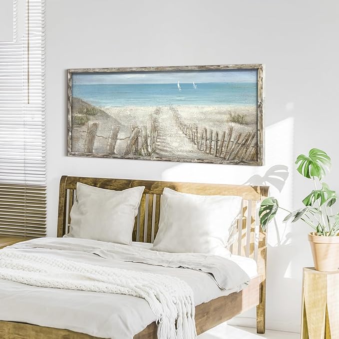 Beach Canvas Print Artwork Coastal Ocean Blue Abstract Seascape Picture Wall Art Painting for Bathroom Office Bedroom(60"*30")