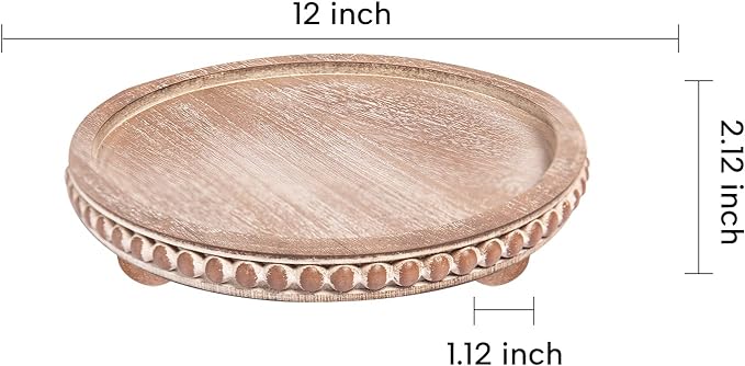 HPC Decor 12in Round Gray Wood Beaded Tray - Decorative Living Room, Coffee Table, Kitchen Table, Dining Room or Farmhouse Serving Tray