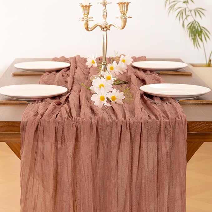 Socomi 10pcs Dusty Rose Fall Thanksgiving Cheesecloth Table Runner Boho Rustic Gauze 120 inch 10FT Cheese Cloth Runner for Wedding Party Baby Shower Birthday Home Decor Holiday Decorations