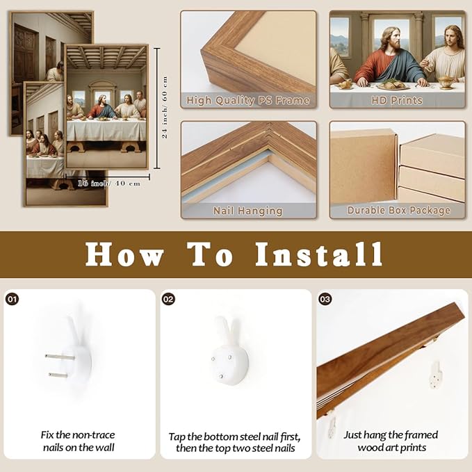 The Last Supper Wall Art Christian Wall Decor 16x24 Inch Framed Jesus Religious Painting Set of 3 for Living Room Bedroom Hallway