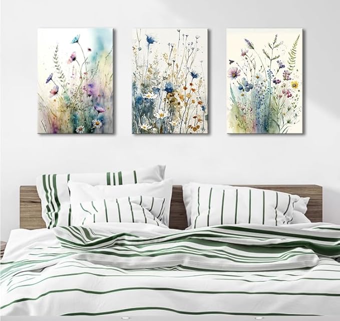 dgbtcart Colorful Flower Canvas Wall Art Set, Watercolor Daisy Floral Wall Decor, Wildflower Plant Wall Painting, Multicolour Botanical Art Print for Living Room Girls Bedroom Bathroom - 16"x24"x3pcs