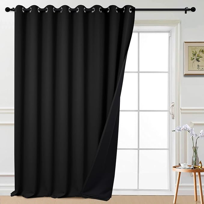 Yakamok 100% Blackout Thermal Insulated Grommet Curtains, Noise Reducing Barrier Panel for Sliding Glass Door, 2 Thick Layers Heat Full Light Blocking Patio Door Drapery, Black, W100 x L108, 1 Panel