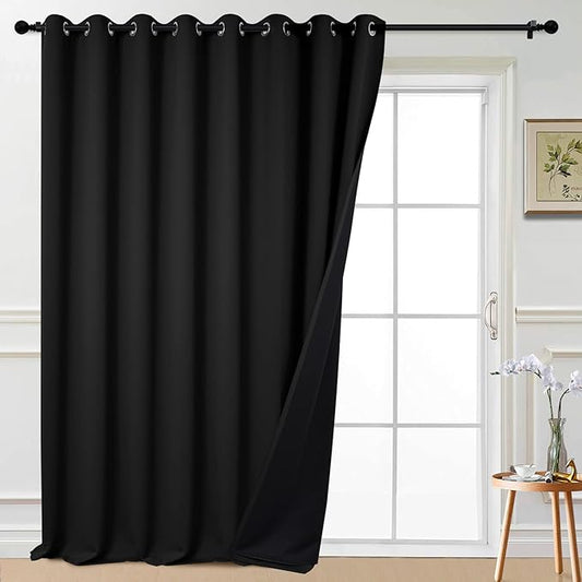 Yakamok 100% Blackout Thermal Insulated Grommet Curtains, Noise Reducing Barrier Panel for Sliding Glass Door, 2 Thick Layers Heat Full Light Blocking Patio Door Drapery, Black, W100 x L108, 1 Panel
