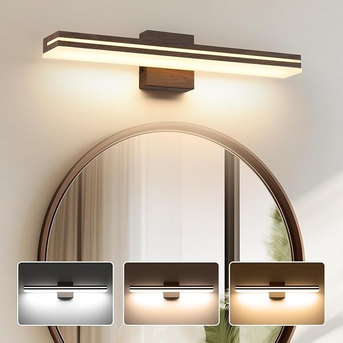 SineRise LED Modern Bathroom Vanity Light Fixtures (24-Inch, 3000K/4000K/6000K, Dimmable), Brown Wood Painted Modern Acrylic Bathroom Wall Lighting Fixtures Over Mirror