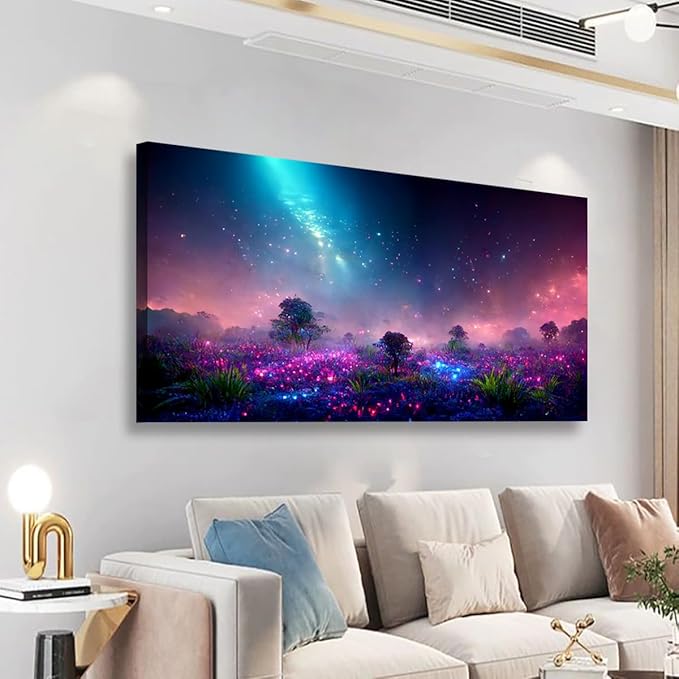 Purple Magical Wall Art Bedroom Wall Decor Living Room, Canvas Wall Art Office Farmhouse Paintings Artwork Modern Blue Starry Sky Grass Land Fantastic Wall Art Prints Pictures 20 * 40inch