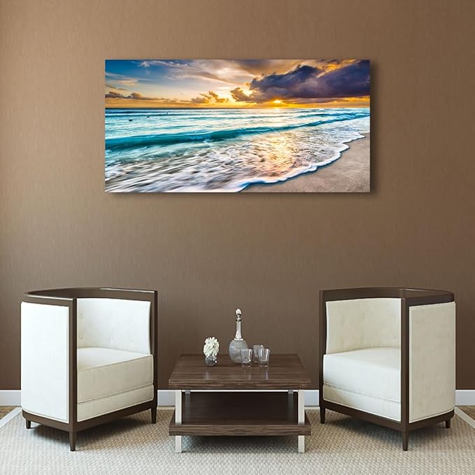 Beach Canvas Wall Art Seascape Theme Pictures Home Decor Blue Ocean White Wave Sunset Prints Painting for Living Room Bathroom Bedroom Kitchen Office Decorations Natural Landscape Artwork 28x57 inches