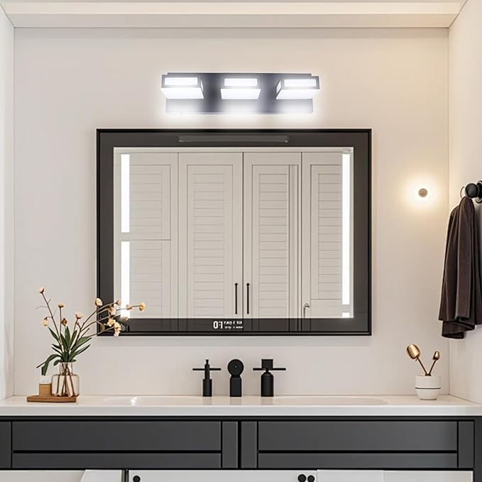 3-Light Bathroom Vanity Light Fixtures,Matte Black Bathroom Wall Lighting Fixtures Over Mirror, Dimmable 5CCT LED Vanity Lights with Acrylic Shades