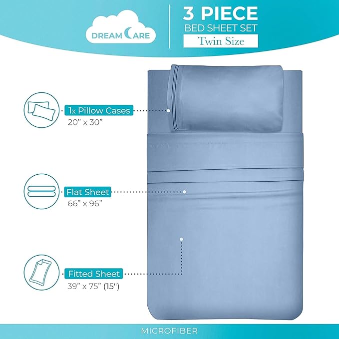 DREAMCARE Twin Sheets - 3pcs Cooling Sheets – up to 21” Extra Deep Pocket Twin Bed Sheets - Twin Sheet Set - Bed Sheets Twin - Soft & Long Lasting 100% Fine Brushed Polyester with Side Pocket - L Blue