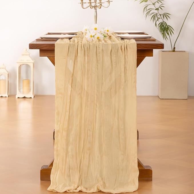 Socomi 10pcs Gold Champagne Cheesecloth Table Runner Boho Rustic Gauze 120 inch 10FT Cheese Cloth Runner for Wedding Party Baby Shower Birthday Home Decor Holiday Decorations