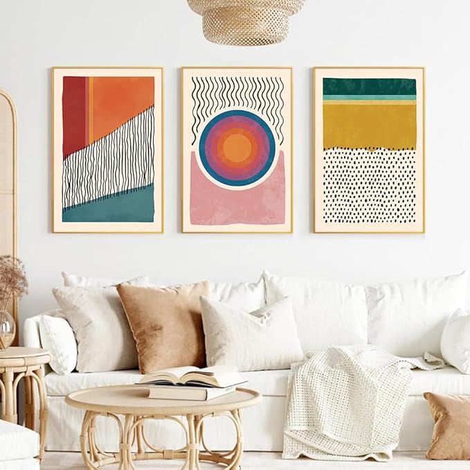 HPINUB Boho Framed Canvas Prints Wall Art Set, Mid-Century Abstract Color Block Shape Wall Decor, Geometric Illustrations Art Photos for Living Room, Bedroom, Dining Room, Office, Bathroom - 16"x24"x3