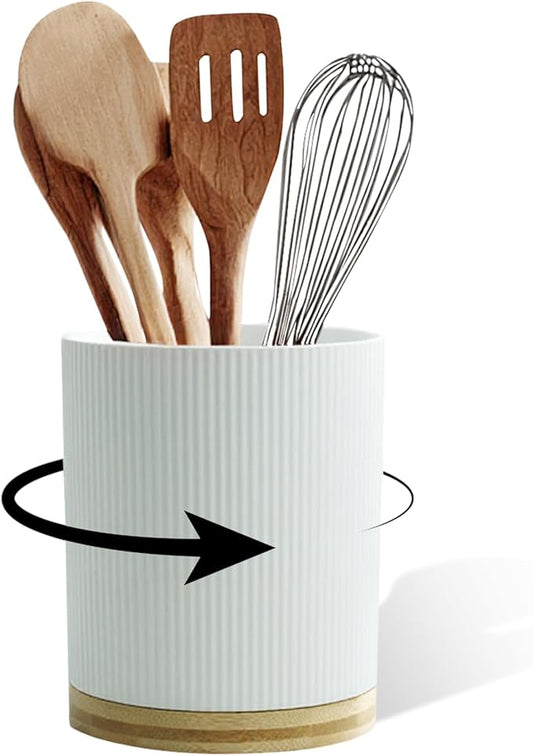 Ceramic Utensil Holder, 7.76" 3.5L Wooden Non-Slip Base 360°Rotating Design for Kitchen Countertop Farmhouse Decor (white)