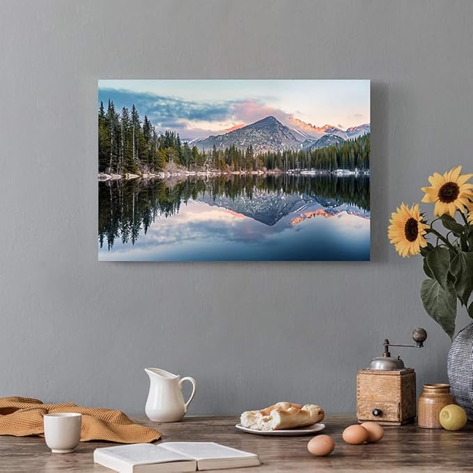 Lake Landscape Canvas Wall Art: Nature Mountain Sunset Artwork Woodland Water Scenery Painting for Bedroom