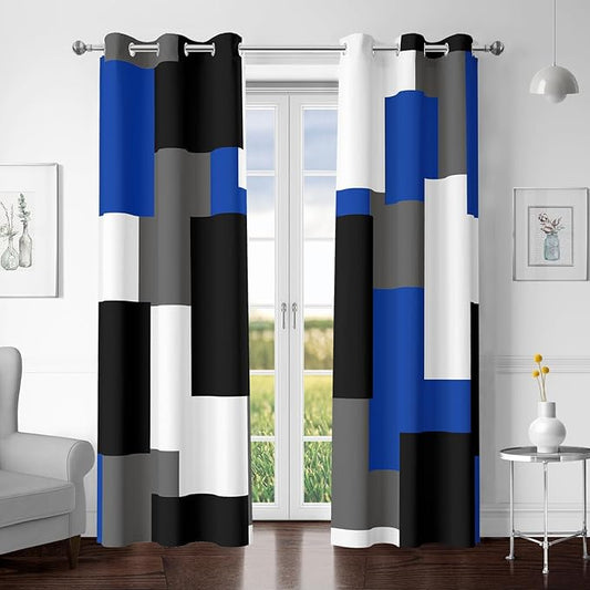Blue Gray 100% Blackout Curtains for Bedroom 84 inch Length 2 Panels Set White Grey Modern Abstract Geometric Black Out Curtains Insulated Room Darkening Window Drapes for Living Room, 42Wx84L