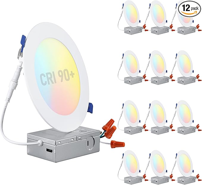 TORCHSTAR 12-Pack 5CCT 6 Inch Ultra-Thin LED Recessed Lighting with Junction Box, CRI90, Aluminum, 2700K3000K3500K4000K5000K, 5%-100% Dimmable Slim Recessed Downlight, 12W 1000LM, ETL & ES