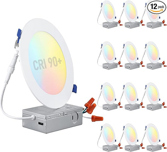 TORCHSTAR 12-Pack 5CCT 6 Inch Ultra-Thin LED Recessed Lighting with Junction Box, CRI90, Aluminum, 2700K3000K3500K4000K5000K, 5%-100% Dimmable Slim Recessed Downlight, 12W 1000LM, ETL & ES