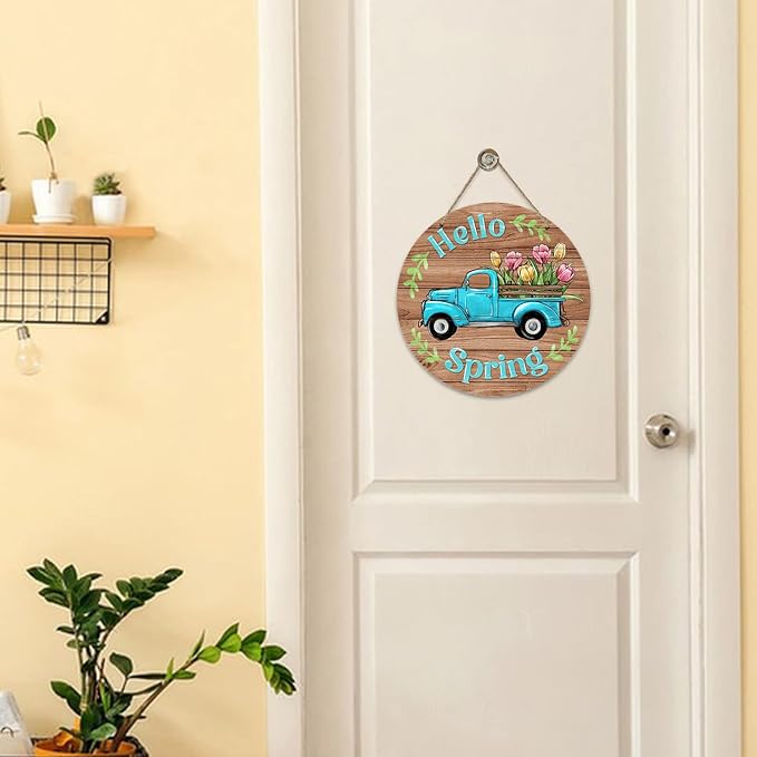 Deroro Hello Spring Blue Truck Sign for Front Door Decor, Tulip Flowers Pickup Wood Door Hanger for Outdoor Outside Porch, Rustic Farmhouse Wooden Wreath Indoor Wall Hanging Decoration