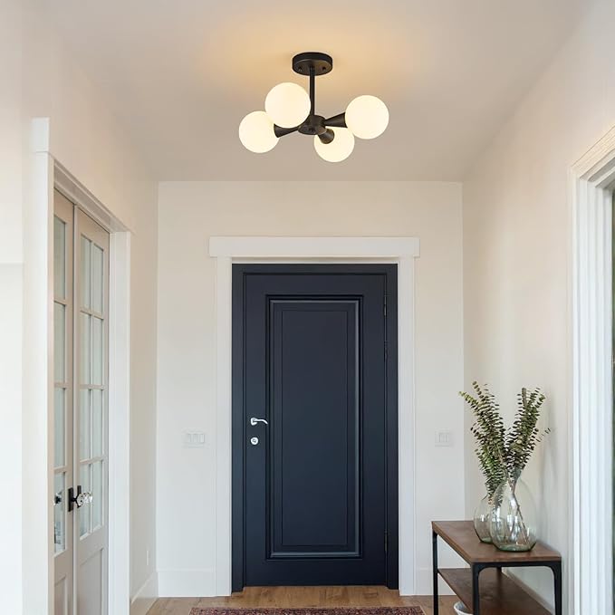 Modern Ceiling Light with Milk White Glass lampshade Black Semi Flush Mount Ceiling Light Fixture Sputnik Chandelier for Bedroom Living Room Dining Room Foyer Hallway(4-Lights)