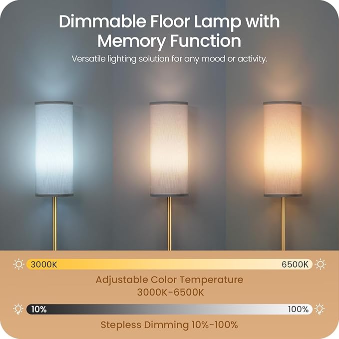 Dimmable Floor Lamp for Living Room with Remote and Foot Switch, Corner Floor Lamp, 64.4'' Standing Tall Lamp, 10W 900LM LED Bulb Included, 3000K-6500K, Linen Shade, Gold White, FCC Listed DCW06LD05W1