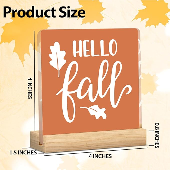 Hello Fall Decor Rustic Fall Decorations for Home Office Cute Autumn Thanksgiving Decor Farmhouse Harvest Acrylic Decorations for Bedroom Table 5 x 5 inches (Acrylic 1705)