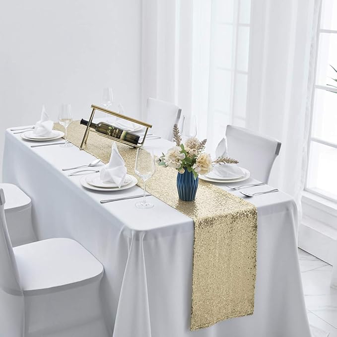 2 Packs 12 x 108 inches Champagne Gold Sequin Table Runner, Glitter Champagne Table Runner for Wedding Birthday Bachelorette Holiday Party Supplies Decorations Bridal Shower Baby Shower