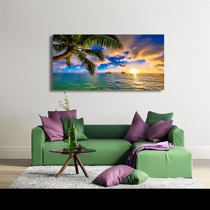 Seascape Sunset Pictures Canvas Wall Art For Living Room Bedroom Wall Decor,Palm Wall Art Print Paitnings For Home Decor,Morden Artwork Coconut Tree Canvas Art Waterproof Ready To Hang-28x57 Inches