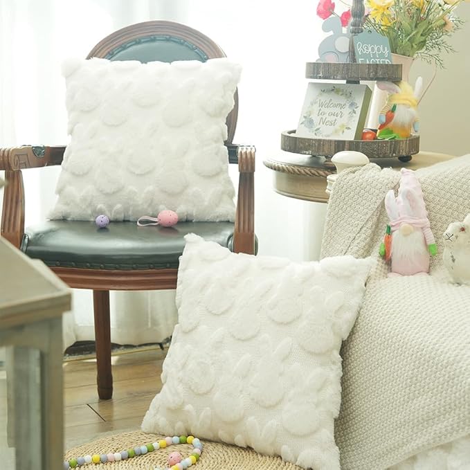 GEEORY Easter Bunny Soft Plush Pillow Covers, 16 x 16 Inch Set of 2, Fluffy Faux Fur Wool Decorative Farmhouse Cushion Case for Sofa Home Decoration Beige GC013-16
