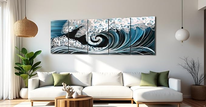 Yihui Arts Handcrafted 3D Metal Wall Art - Ocean Wave Sculpture, 5 - Panel Aluminum Decor for Living Room, Bedroom & Office