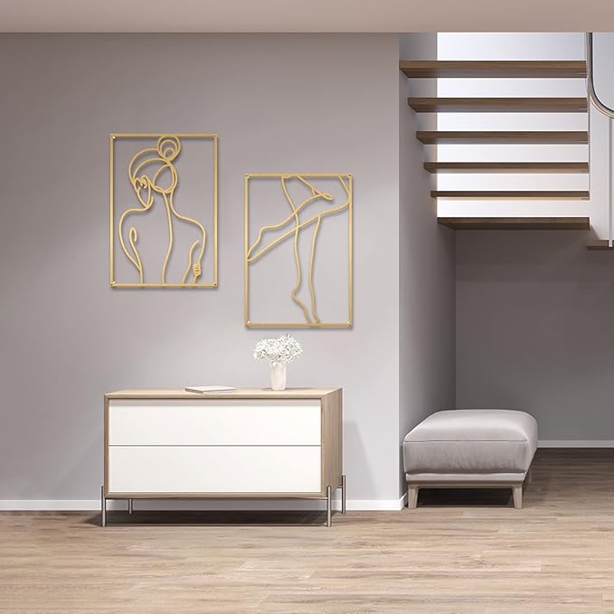 Glamativity Large 4 Pack Gold Wall Art, Minimalist Single Line Art, Real Metal Wall Art, Woman's Body Shape Abstract Art (Gold Elegant Style, L Size 22.5 x 15.7'')