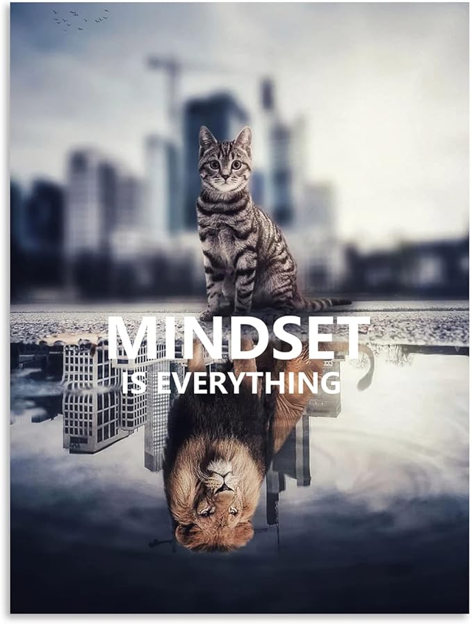 Inspirational Wall Art Cute Animal Cat Lion Poster Painting Mindset is Everything Inspiring Print Artwork Picture Wooden Living Room Office Home Decoration Picture Frame Ready to Hang[18" W x 24" H]