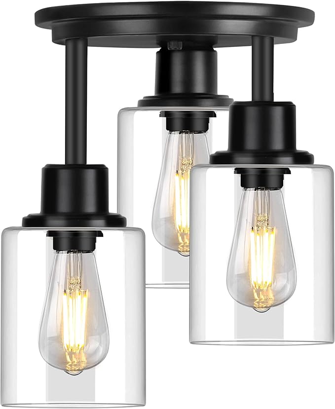 ROTTOGOON Semi Flush Mount Ceiling Light, 3-Light Close to Ceiling Light Fixtures, Matte Black Kitchen Light Fixtures with Clear Glass Shades, Hallway Light Fixtures Ceiling Mount for Foyer Entryway
