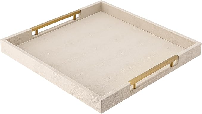 Beige Faux Leather Serving Tray with Handles – Large Decorative Tray for Coffee Table, Ottoman, Living Room, Bathroom – Home Decor